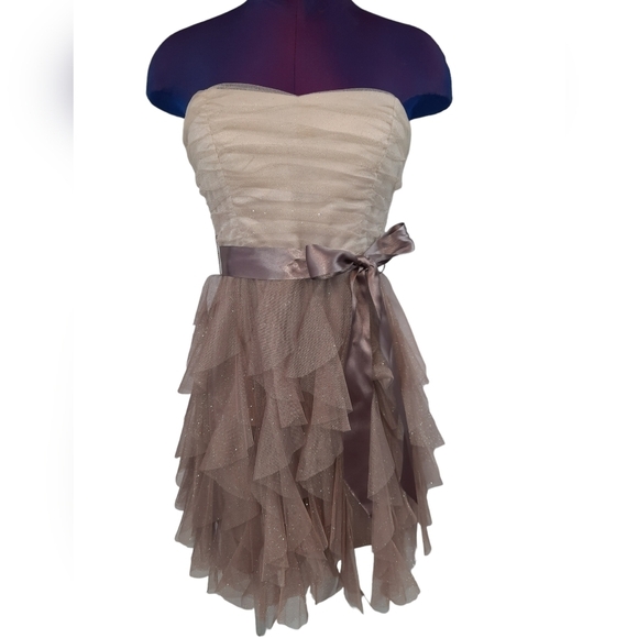 Teeze Me Strapless Layered Cocktail Dress Dusty Rose & Cream Gold Shimmer Size 9 - Picture 3 of 9